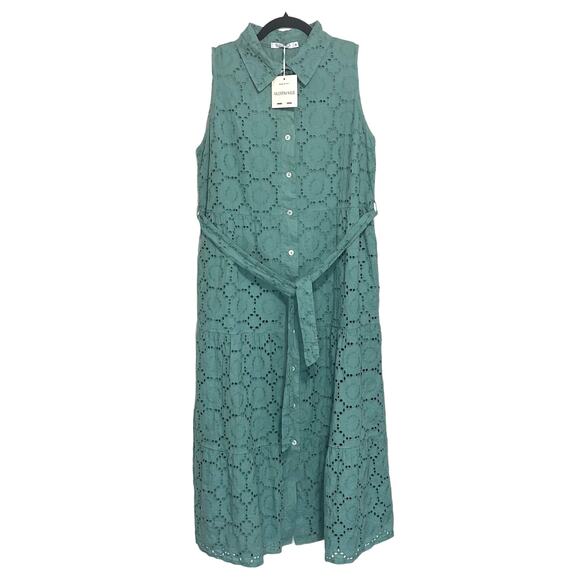 Valentina Naldi Eyelet Midi Dress NWT Women's Sz M Green Sleeveless Belted Boho - Picture 1 of 4
